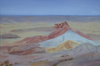 An Acrylic painting by Alex Mortensen in the Realist style  depicting Desert Hills and Mountains with main colour being Blue Brown and Cream and titled Central Australia