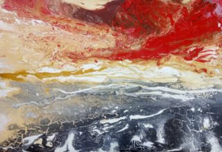An Acrylic painting by William Holt in the Abstract style  with main colour being Blue and Red and titled Resonance