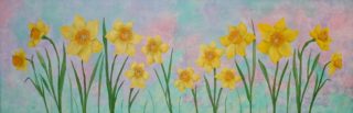 An Acrylic painting by Julie-Anne Gatehouse in the Realist Impressionist style  depicting Flowers and Garden with main colour being Blue Green and Pink and titled Yellow Daffodils