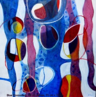 An Oil painting by Jennifer Gowen in the Abstract style  with main colour being Blue and titled Blue Encounters