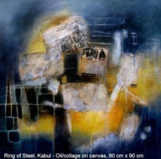 A Mixed Media painting by Jennifer Gowen in the Abstract style  with main colour being Blue and Yellow and titled King of Steel, Kabul