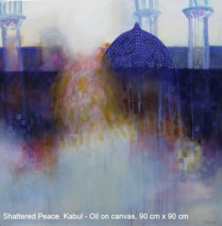 An Oil painting by Jennifer Gowen in the Semi-Abstract style  Buildings and City with main colour being Blue and Purple and titled Shattered Peace, Kabul