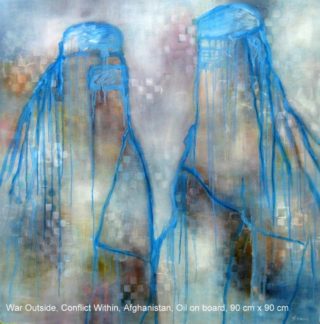 An Oil painting by Jennifer Gowen in the Abstract style  with main colour being Blue and titled War Outside, Conflict Within, Afghanistan