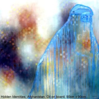 An Oil painting by Jennifer Gowen in the Abstract style  with main colour being Blue and titled Hidden Identities, Afghanistan