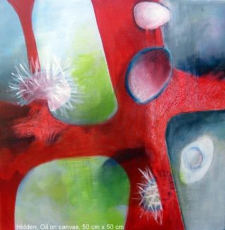 An Oil painting by Jennifer Gowen in the Abstract style  with main colour being Blue Grey and Red and titled Hidden