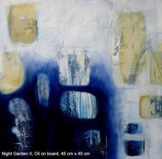 An Oil painting by Jennifer Gowen in the Abstract style  with main colour being Blue Grey and Yellow and titled Night Garden II