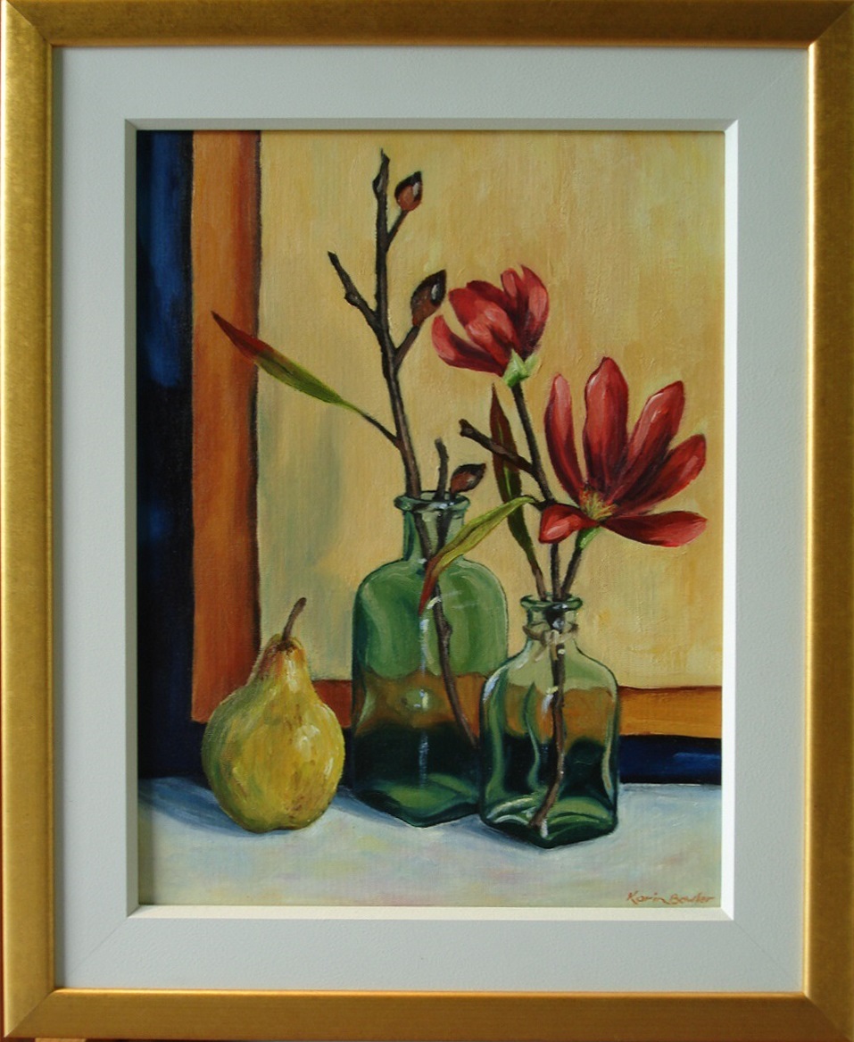 Oil Painting by Karin Bowler titled Bottles & Pear