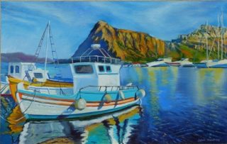 An Oil painting by Lindsay Kilminster in the Contemporary Realist style  depicting Boats Jetty and Mountains with main colour being Black Blue and Brown and titled Fishing Boat in the Mediterranean