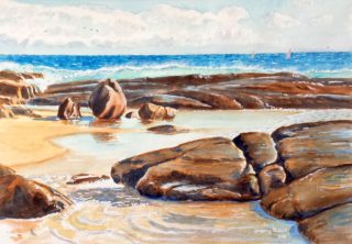 A Watercolour painting by Gregory Pastoll in the Realist style  depicting Beach with main colour being Blue Brown and Ochre and titled Beach at Margaret River Mouth