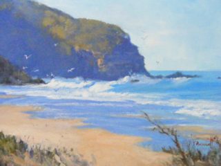A Water soluble Oil painting by Trish Bennett in the Impressionist style  depicting Beach Birds and Sea with main colour being Blue Brown and Ochre and titled Light and Shadows