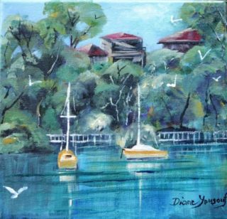 An Acrylic painting by Diane Yousouf in the Realist Impressionist style  depicting River Boats and Bridge with main colour being Black Blue and Brown and titled River Views