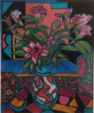 An Acrylic painting by Julie Rooney in the Contemporary style  depicting Flowers with main colour being Blue Pink and Red and titled Lilies