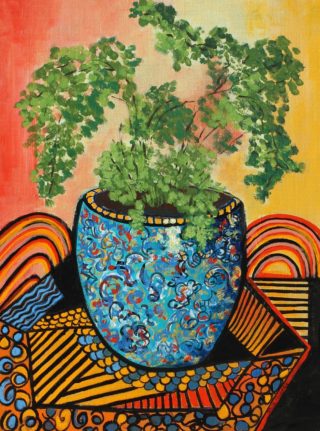 An Acrylic painting by Julie Rooney in the Realist Impressionist style  Flowers with main colour being Blue Green and Red and titled Maidenhair fern