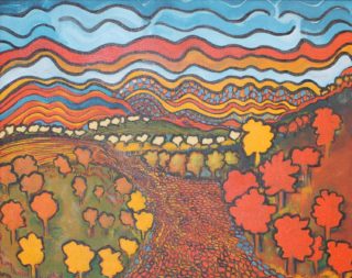 An Acrylic painting by Julie Rooney in the Impressionist style  depicting Landscape Fantasy with main colour being Orange White and Yellow and titled Dreamtime