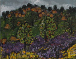 An Acrylic painting by Julie Rooney in the Impressionist style  depicting Landscape Bush with main colour being Grey and Red and titled Mt Tarrengower
