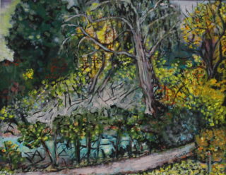 An Acrylic painting by Julie Rooney in the Impressionist style  depicting Landscape Bush with main colour being Green and Yellow and titled Bright