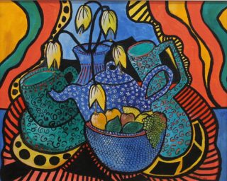 An Acrylic painting by Julie Rooney in the Abstract Impressionist style  depicting Jugs with main colour being Blue Green and Red and titled Blue Teapot