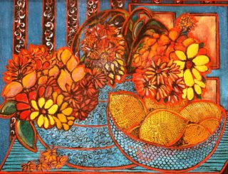 An Acrylic painting by Julie Rooney in the Semi Abstract Expressionist style  depicting Fruit with main colour being Blue Red and Yellow and titled Lemons in a Bowl