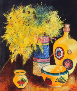 An Acrylic painting by Julie Rooney in the Realist Impressionist style  depicting Flowers with main colour being Yellow and titled Wattle