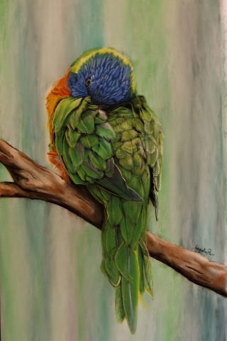 A Pastel painting by Angela Parr in the Realist style  depicting Animals Birds with main colour being Green and titled Just a Little to the Left