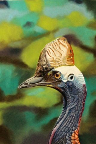A Pastel painting by Angela Parr in the Realist style  depicting Animals Birds with main colour being Blue Gold and Green and titled Wrinkles