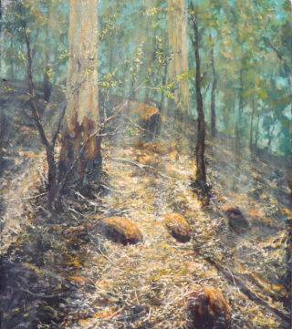 An Acrylic painting by John Duncan depicting Bush and Trees with main colour being Brown and Green and titled Bushfire Light