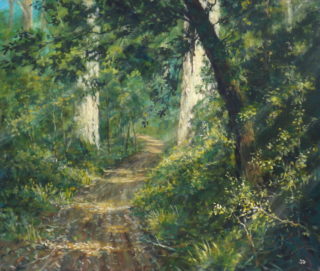 An Acrylic painting by John Duncan depicting Bush and Trees with main colour being Brown and Green and titled Cycle Track