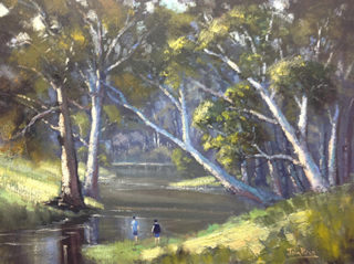 An Oil painting by John Rice in the Impressionist style  depicting River Boy Bush and Creek with main colour being Blue and Green and titled Exploring The River