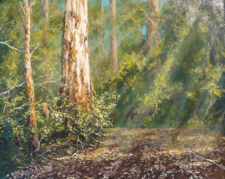An Acrylic painting by John Duncan Bush and Trees with main colour being Brown and Green and titled Fire Road