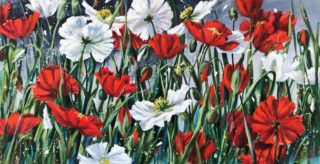 An Acrylic painting by Helen Cottle in the Realist Impressionist style  depicting Flowers with main colour being Green Red and White and titled Poppy Punch