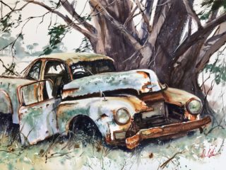 A Watercolour painting by Helen Cottle in the Realist Impressionist style  depicting Landscape Cars and Rural with main colour being Brown Cream and Grey and titled Rusty Relic
