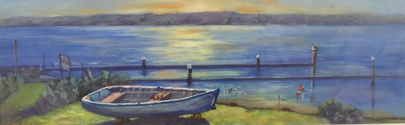 Oil Painting by Lyn Ellis titled Repairs to Sally, Swan Bay