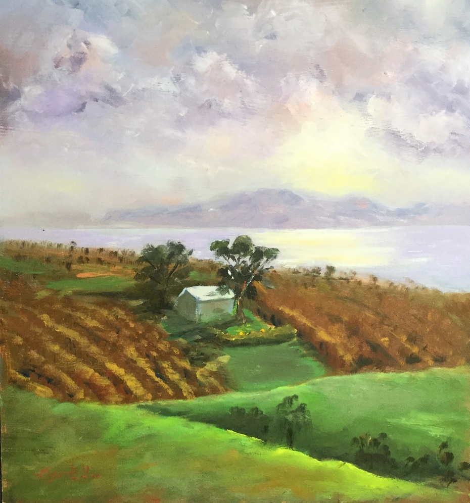 Oil Painting by Lyn Ellis titled Foggy Morning at Scotsman’s Winery, Portarlington