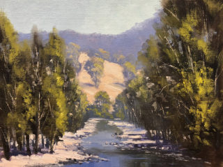 An Oil painting by John Rice in the Impressionist style  depicting River Creek and Hills with main colour being Blue Green and Ochre and titled Little Manning River