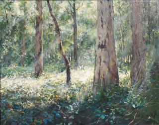 An Acrylic painting by John Duncan depicting Bush and Trees with main colour being Brown and Green and titled Lost Again