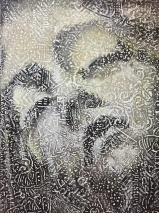 An Acrylic painting by Naji Sassine in the Semi-Abstract style  depicting Portrait Woman with main colour being Grey and titled Angel Face