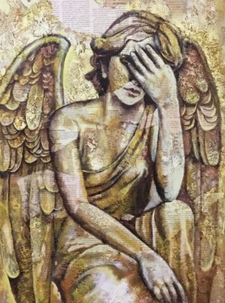 An Acrylic painting by Naji Sassine depicting Woman with main colour being Grey and Ochre and titled Angel Weeping 2
