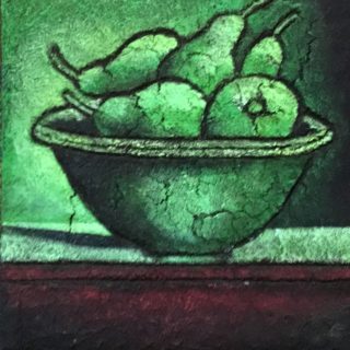 An Acrylic painting by Naji Sassine depicting Fruit with main colour being Green and titled Bowl of Pears