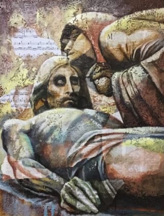 An Acrylic painting by Naji Sassine Man and Woman with main colour being Grey and Yellow and titled Jesus in Tomb 1