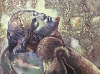 An Acrylic painting by Naji Sassine depicting Man with main colour being Brown and Ochre and titled Jesus on Tomb 2
