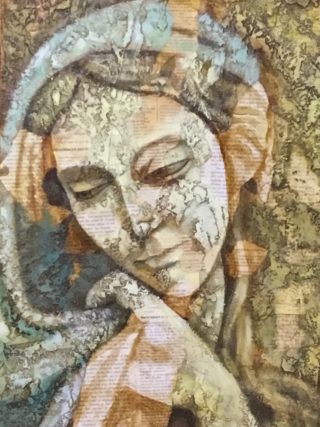 An Acrylic painting by Naji Sassine depicting Woman with main colour being Ochre and titled Mary 1