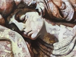 An Acrylic painting by Naji Sassine depicting Portrait Woman with main colour being Brown and Grey and titled Mary Broken Heart