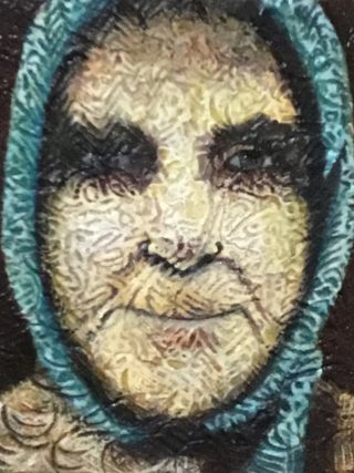 An Oil painting by Naji Sassine depicting Portrait Woman with main colour being Black Blue and Ochre and titled Old Woman