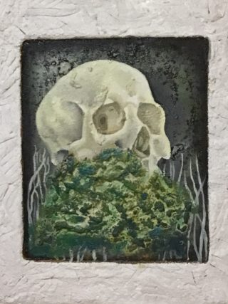 An Oil painting by Naji Sassine Statue with main colour being Black and Grey and titled Skull