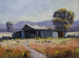 An Oil painting by John Rice in the Impressionist style  depicting Rural Buildings Bush and Farmland with main colour being Blue Green and Ochre and titled On Nayla