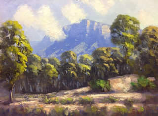 An Oil painting by John Rice in the Impressionist style  depicting Landscape Bush Hills and Mountains with main colour being Blue Green and Orange and titled Rising Mist, Glen Davis