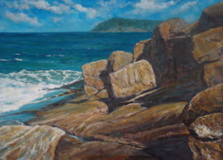 An Acrylic painting by John Duncan depicting Seascape Beach Rocks and Sea with main colour being Blue and Brown and titled Rock Face Albany Coast