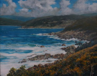 An Acrylic painting by John Duncan depicting Beach Bush and Rocks with main colour being Blue and Green and titled Turn Right For Albany