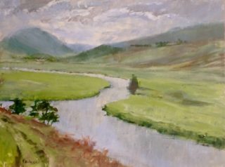 An Acrylic  painting  by Australian artist Helen Paulucci in the Realist Impressionist style  depicting River, Hills and Mountains with main colour being Blue, Green and Grey and titled Scottish landscape view across the valley near Braemar