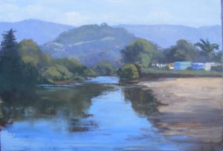 An Oil painting by Trish Bennett in the Impressionist style  Beach Hills and River with main colour being Blue Green and Ochre and titled On the River Windang NSW